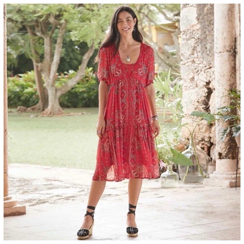 Sundance Brieia Bandana Paisley Midi Dress Womens Sz PM Red Sheer Short Sleeve